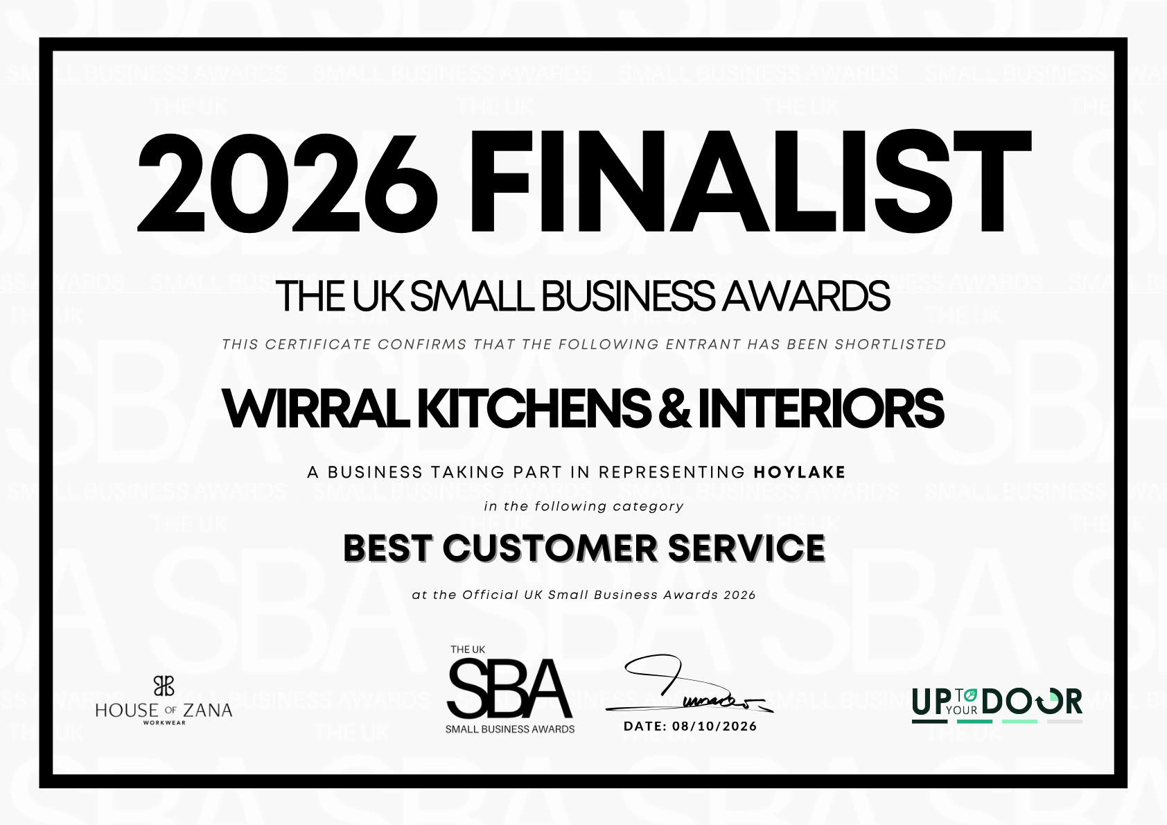 The Official UK Small Business Awards 2026 finalist certificate for Wirral Kitchens & Interiors, Best Customer Service.