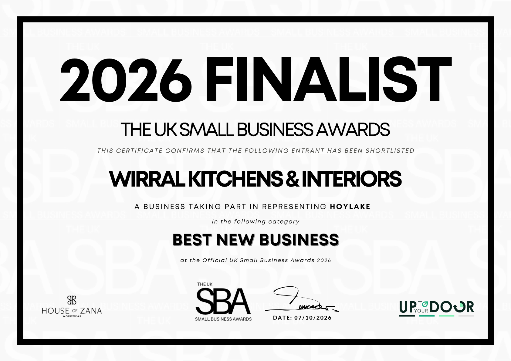 The Official UK Small Business Awards 2026 finalist certificate for Wirral Kitchens & Interiors, Best New Business.