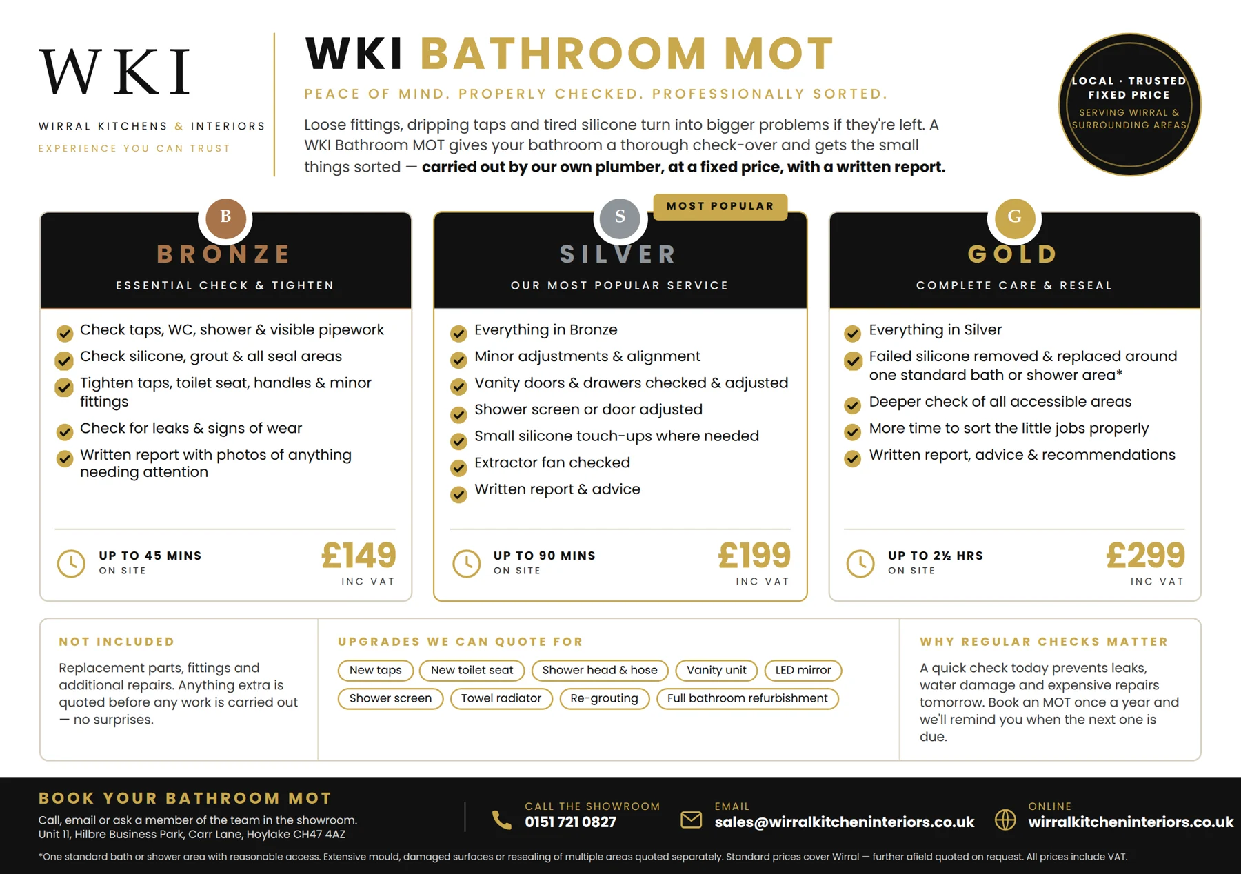 Wirral Kitchens & Interiors Bathroom MOT leaflet, showing the Bronze, Silver and Gold packages side by side.