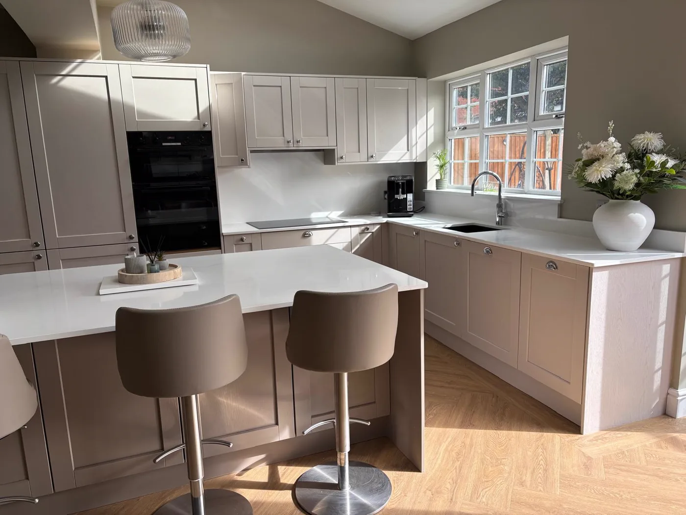 The finished kitchen looking towards the new garden doors.